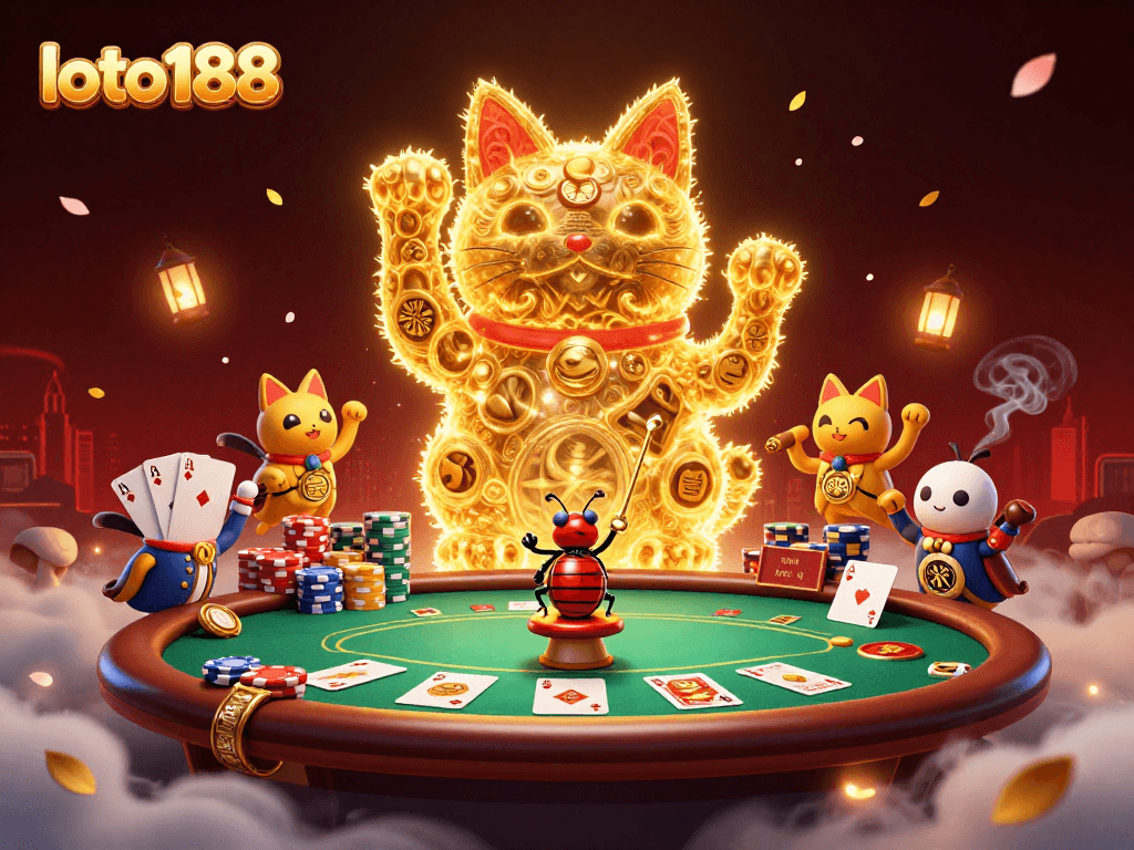Experience loto188 with vibrant casino symbols and a lucky cat in a detailed 3D illustration.