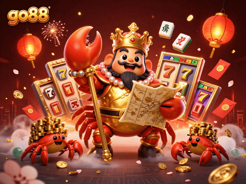 Experience the excitement of go88 with a golden crab emperor amid slot reels and festive elements in a thriving casino atmosphere.