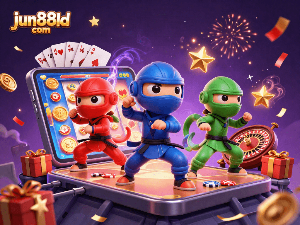 Experience thrilling gaming moments with jun88ld com's captivating slot adventures featuring playful chameleon ninjas.