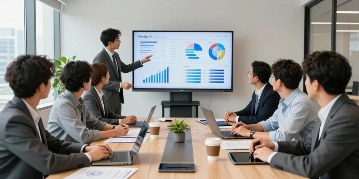 Compare business mobile deals UK with professionals collaborating in a modern office meeting.