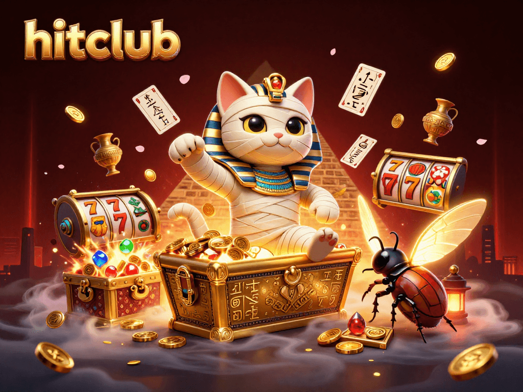 Experience thrilling action at hitclub with a 3D cat mummy in a pyramid casino, showcasing exciting slot elements.