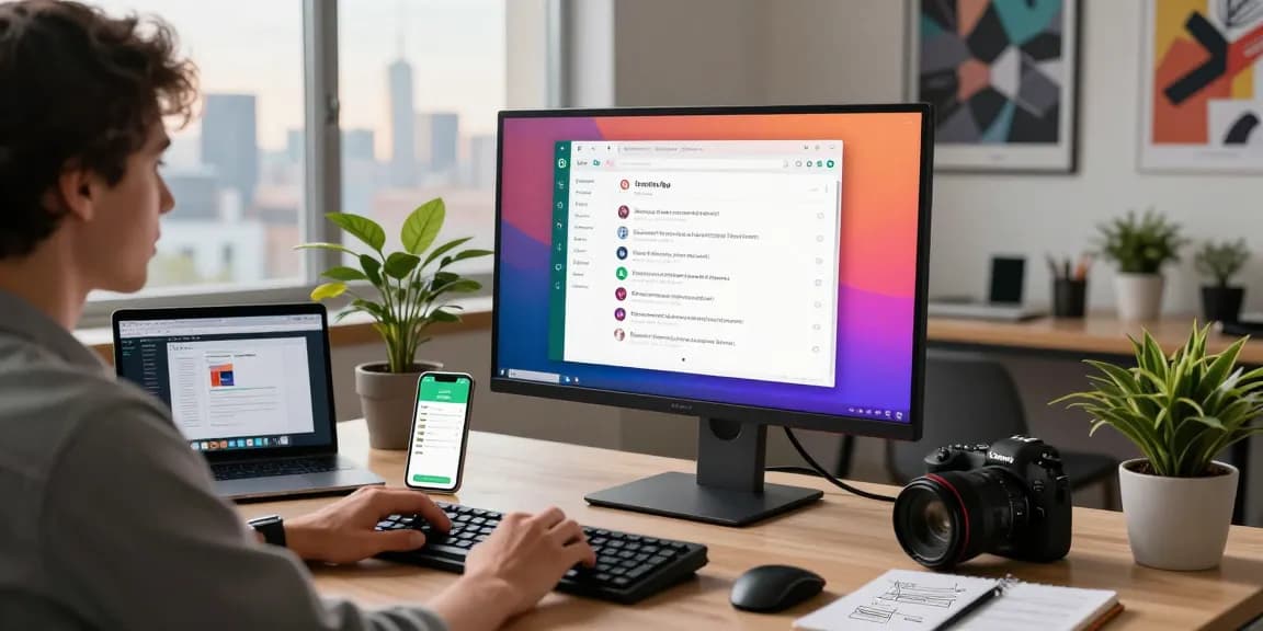 Dynamic workspace featuring a user engaged with WhatsApp電腦版 on a desktop, showcasing productivity and modern tech.