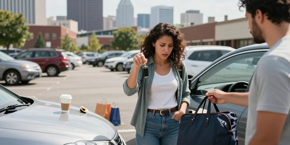Lost Car Keys Raleigh situation with a woman searching her bag in a busy parking lot, capturing urban stress.