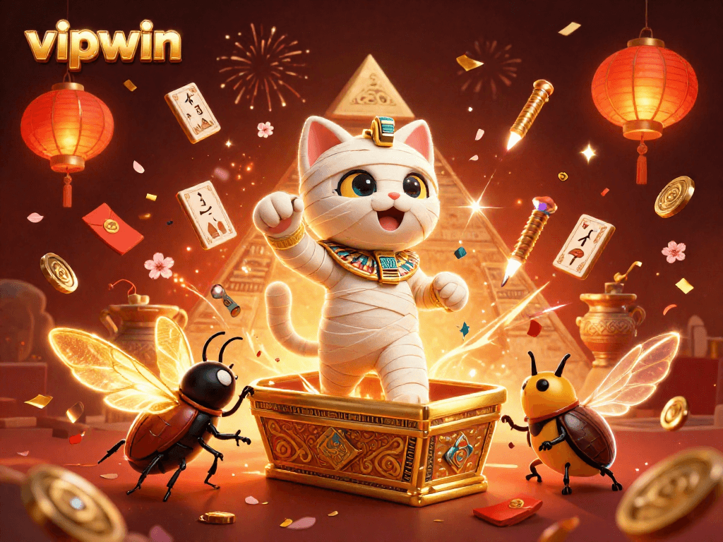Join the excitement at vipwin with a vibrant scene featuring a mummy cat and a scarab beetle amidst casino elements and confetti.