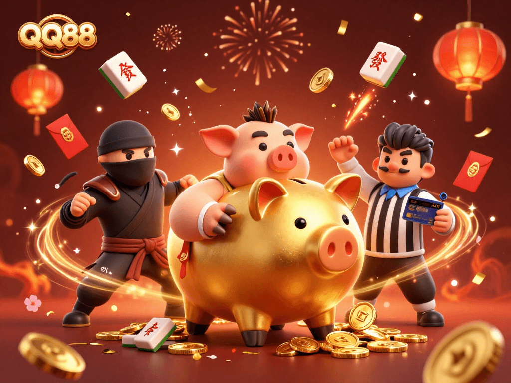 Experience thrilling wins with QQ88: dynamic characters spark excitement in a colorful casino scene.