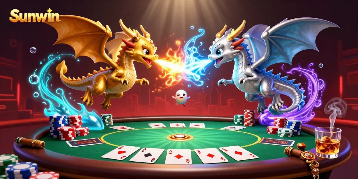 Engage with Sunwin in a vibrant casino atmosphere featuring gold and silver dragons amidst poker chips and cards.