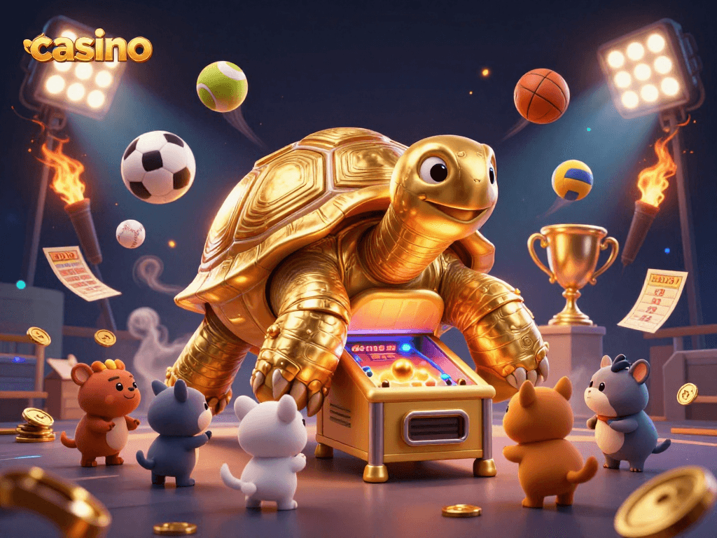 Experience the excitement of a casino with a golden tortoise pinball machine surrounded by sports elements.