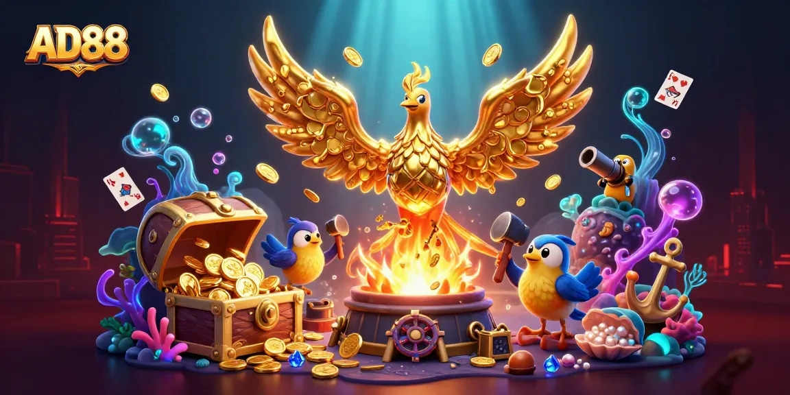 Experience the thrill of AD88 gaming with vibrant golden phoenix and immersive underwater treasures.