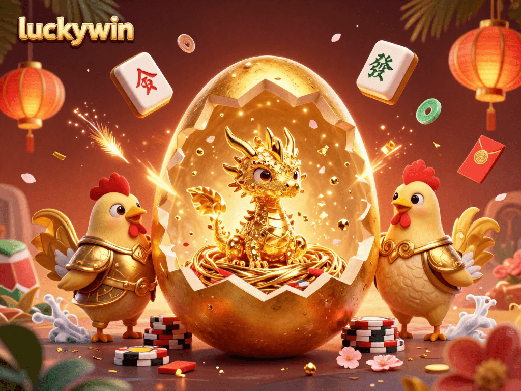 Experience the excitement of luckywin with a golden dragon amidst poker chips and festive decorations.