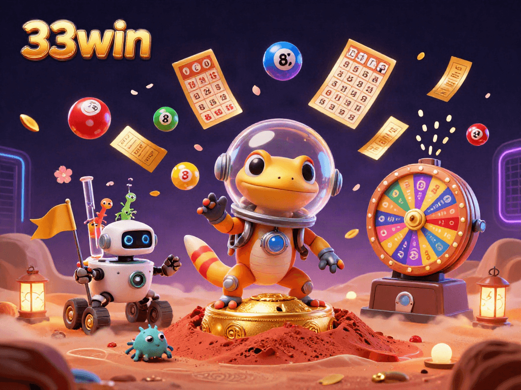 Experience thrilling luck with 33win in a vibrant 3D depiction of a Martian gecko discovering a hidden casino.