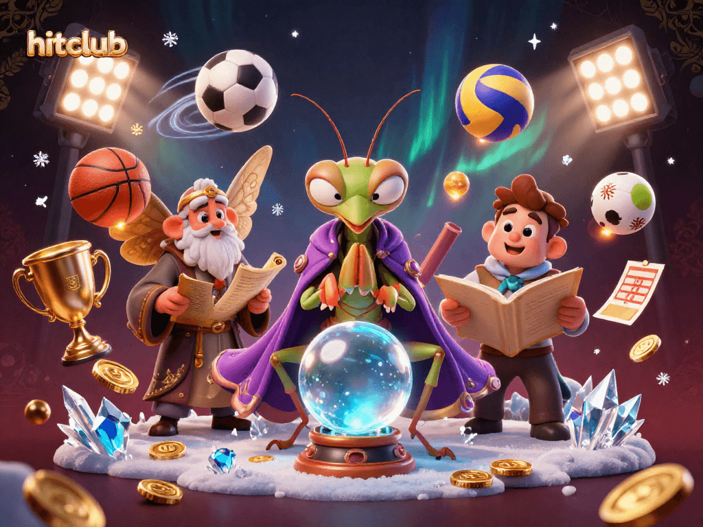 Experience the thrill of hitclub with vibrant 3D casino-themed illustraion featuring fortune tellers and sports elements.