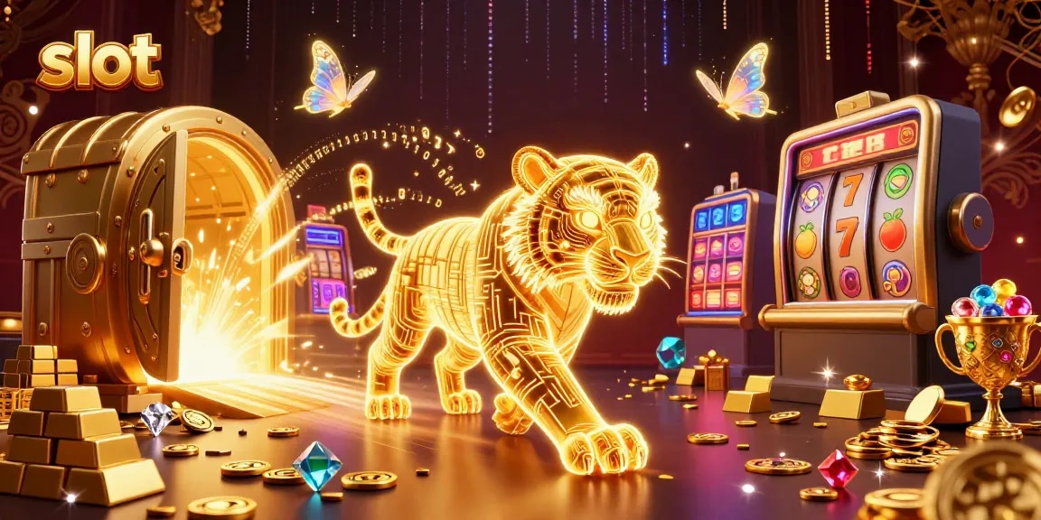 Engage in thrilling slot action with a neon-wireframe golden tiger amidst dazzling casino treasures.