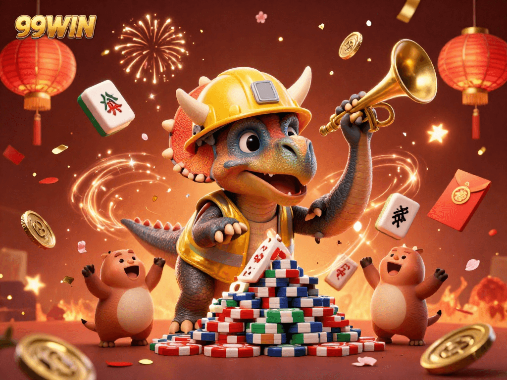 Win big at 99WIN with a vibrant celebration scene featuring character triceratops stacking poker chips.