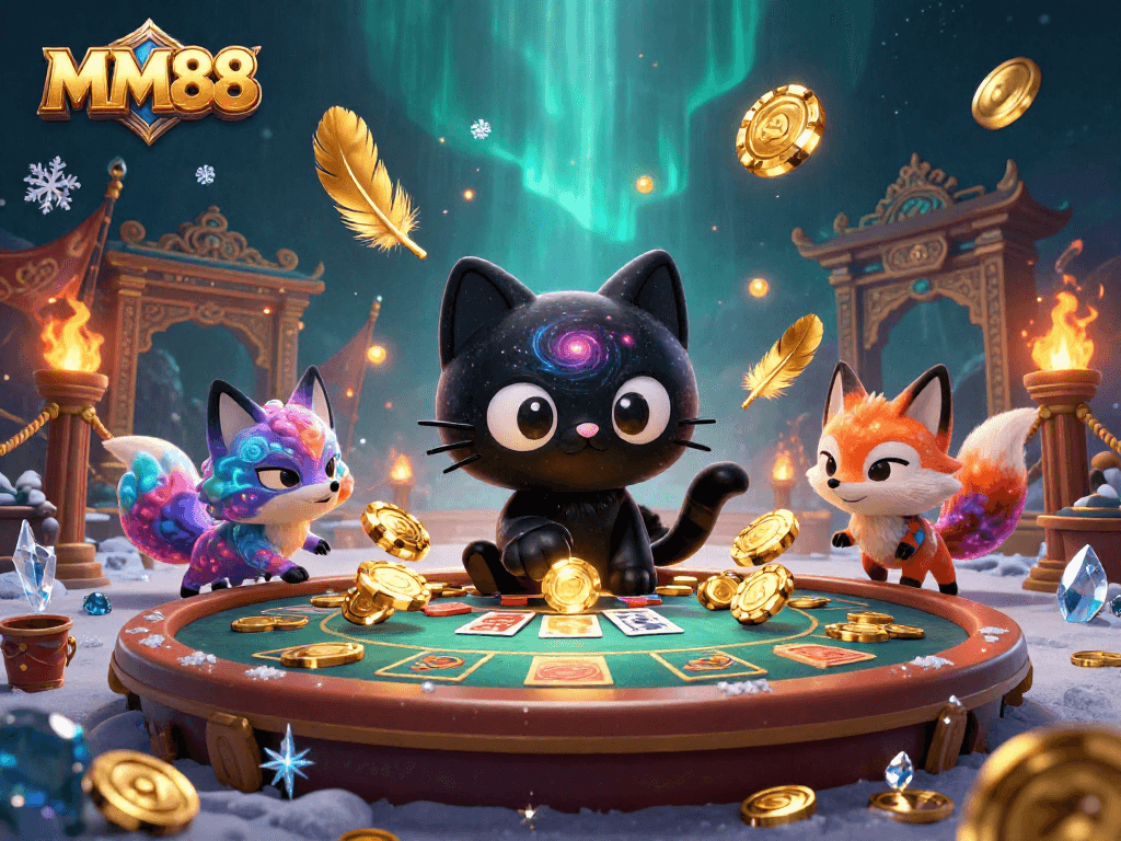 Experience excitement at MM88 as a cosmic cat captivates with golden chips and vibrant atmosphere.