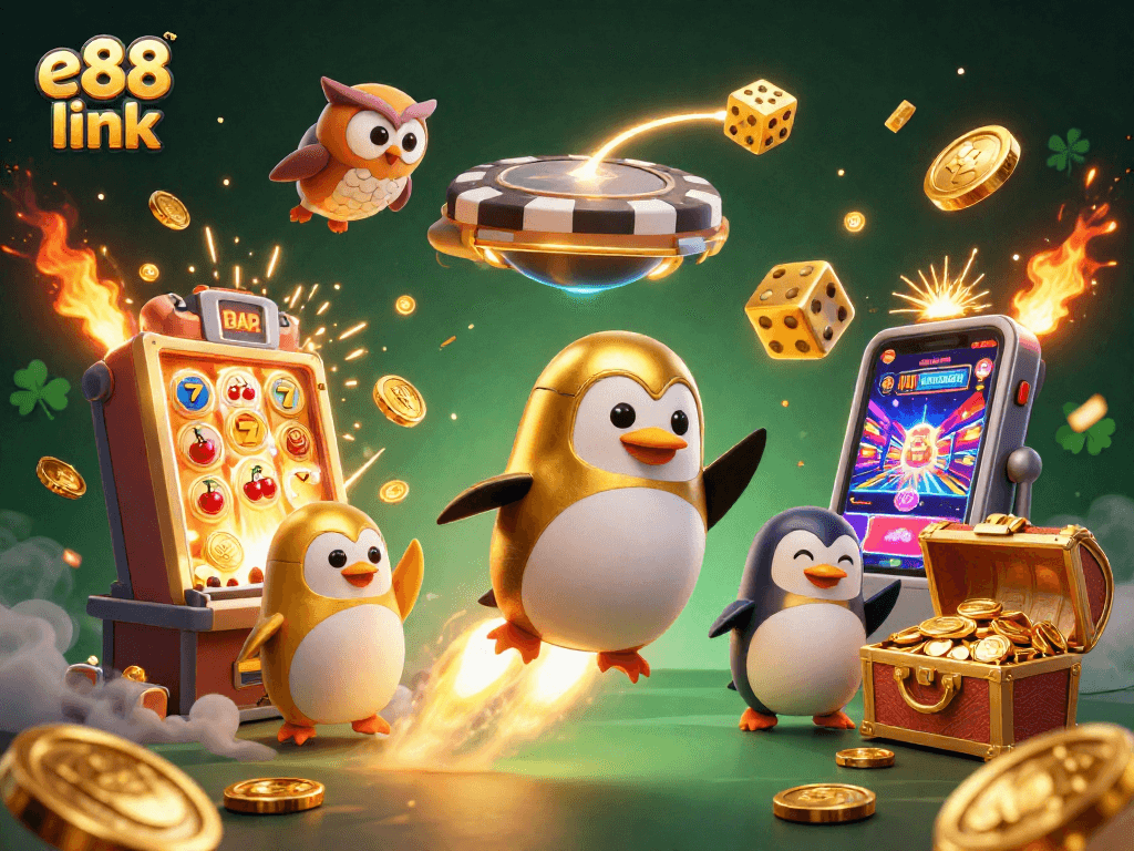 Experience winning excitement with the e88 link where a golden penguin zooms towards a vibrant casino!