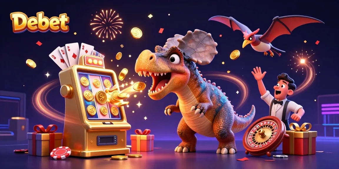 Debet casino features a 3D dinosaur triggering a jackpot while coins fly, showcasing exciting gaming action.