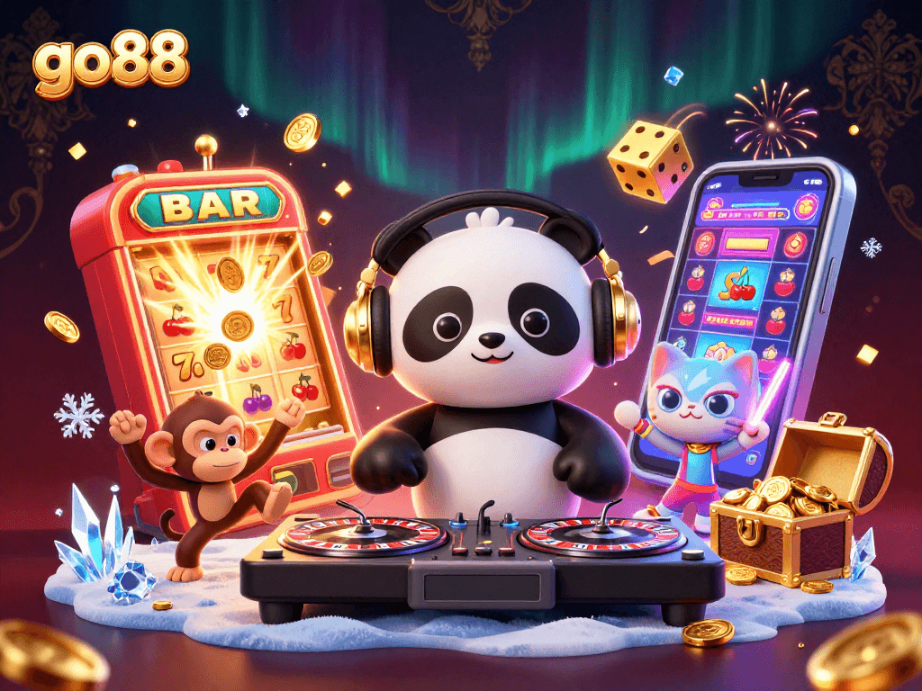 Experience go88 with this vibrant, engaging 3D casino illustration showcasing dynamic gambling excitement.
