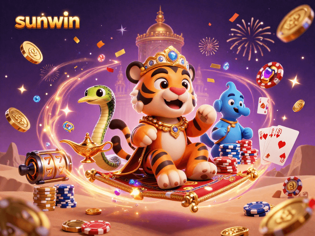 Spin to win at sunwin with an Arabian Nights theme featuring vibrant characters and casino elements!