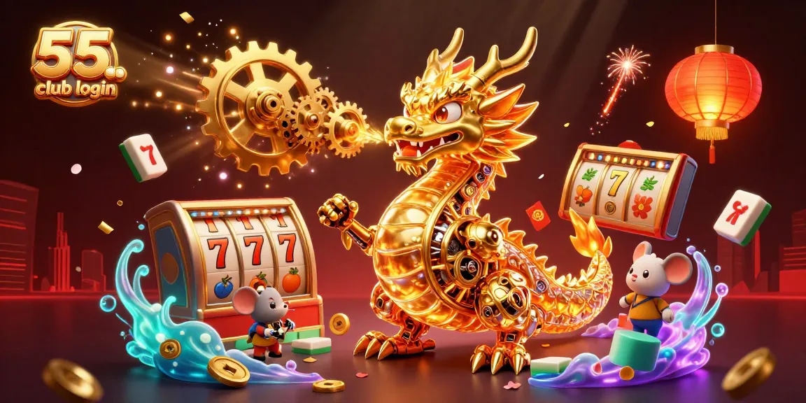 Engage with the thrilling 55 club login experience, featuring an enchanting golden dragon and dynamic slot symbols.