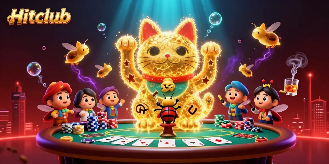 Engage with Hitclub’s thrilling casino experience as golden fireflies form a lucky cat, enhancing your gaming adventure!
