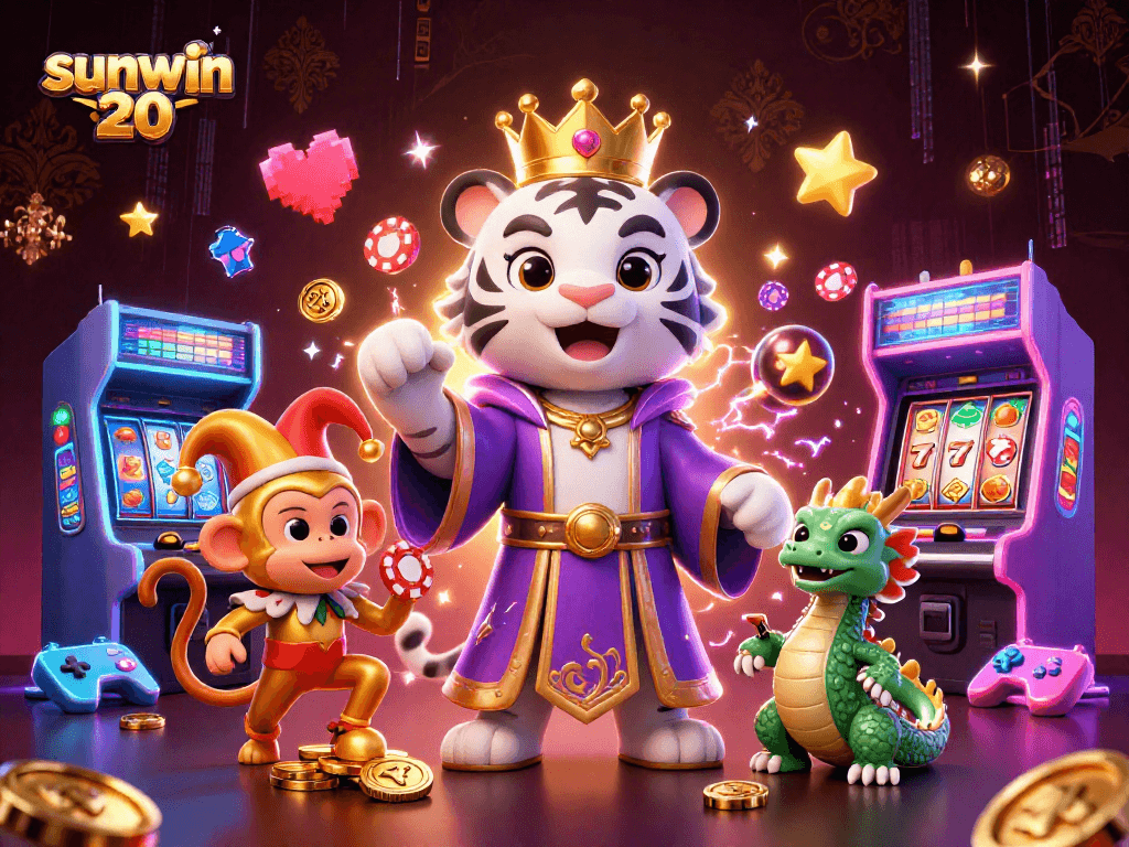 Win big with sunwin 20, featuring a playful monkey, elegant tiger, and vibrant casino elements