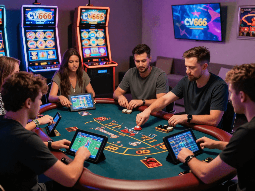 Diverse players enjoying online casino games and sports betting at CV666 in a lively home setting, showcasing vibrant graphics and promotions.