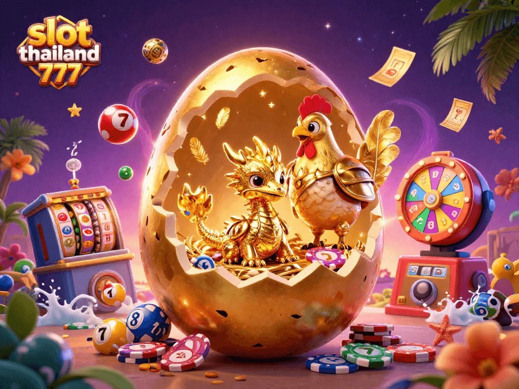Experience the excitement of slot thailand 777 with vibrant illustrations of golden dragons and casino elements.
