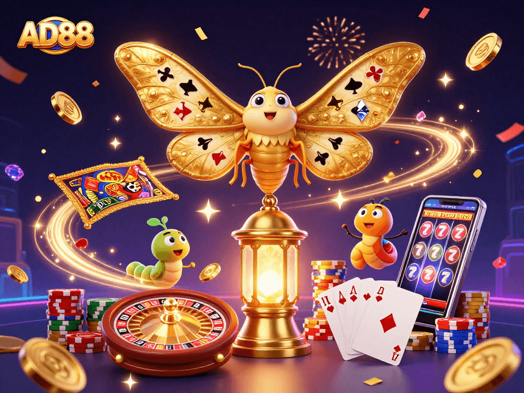 Engage with AD88 for thrilling 3D casino adventures featuring dazzling golden moths and vibrant gaming elements.