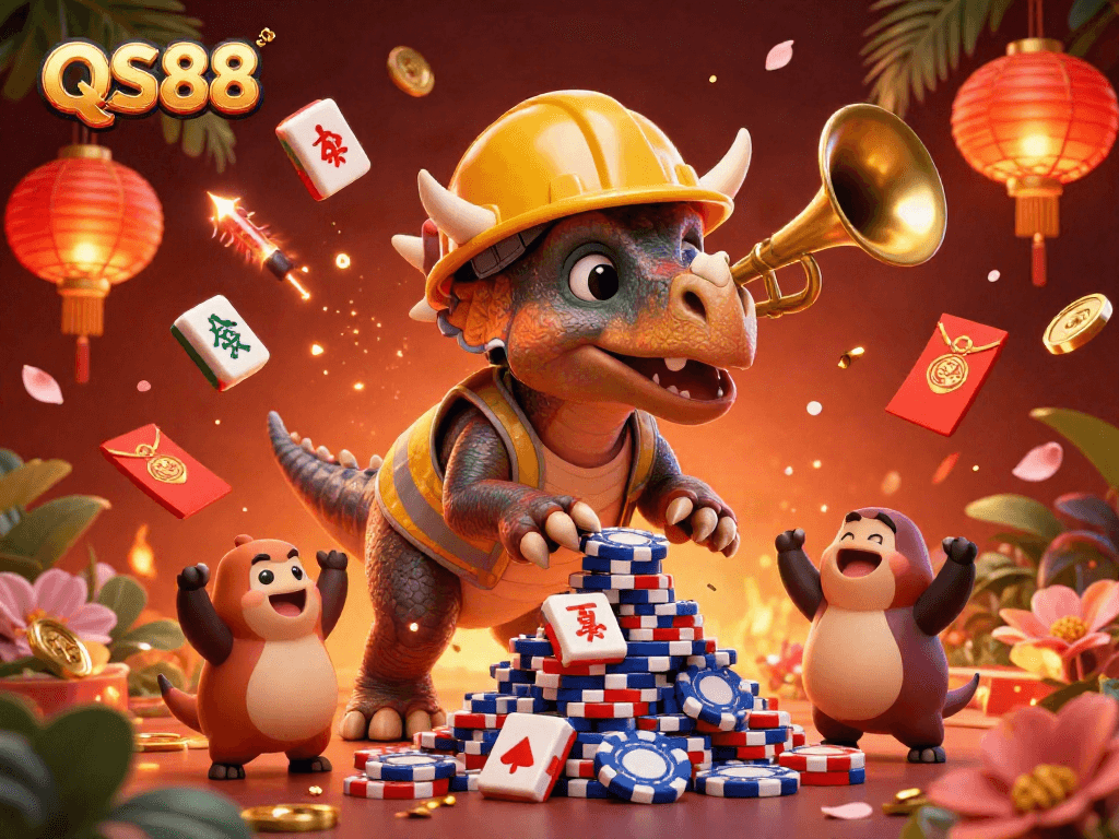 Experience winning moments with QS88 as a triceratops builds poker chip towers in a festive celebration.