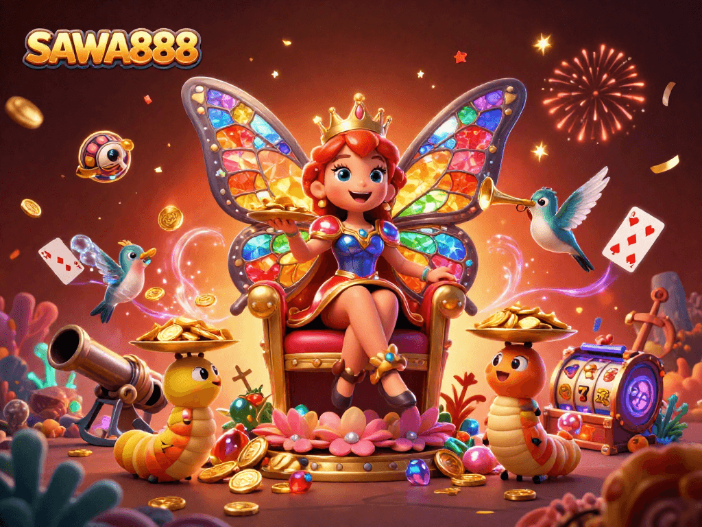 SAWA888 unveils a vibrant 3D illustration depicting a butterfly queen with casino treasures, celebrating wins.