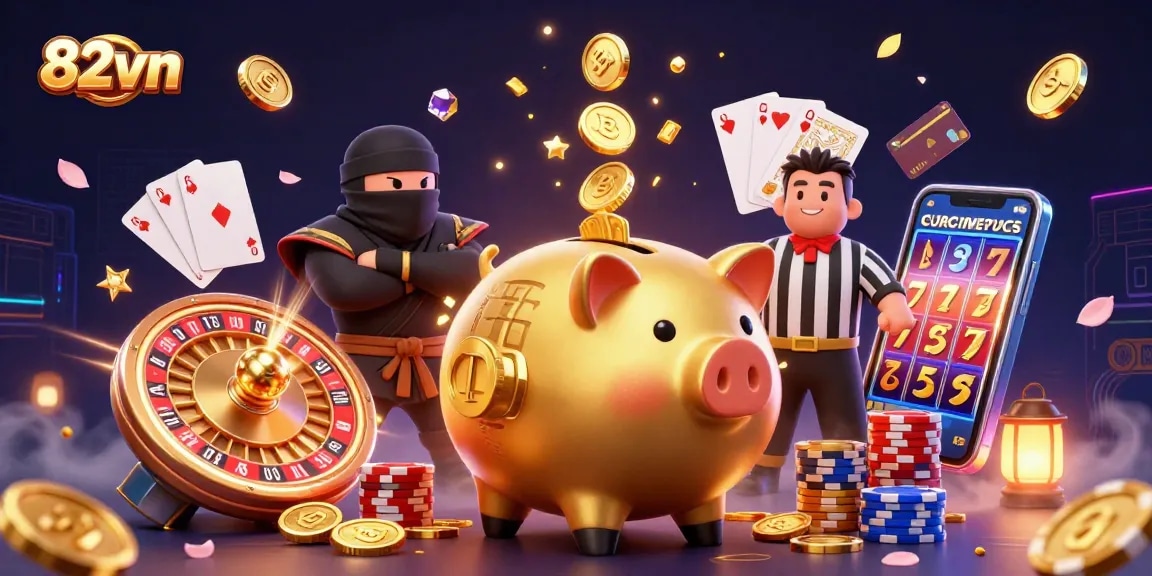 Engaging 82vn casino visual featuring a golden piggy bank sumo wrestler amidst dynamic gambling elements.