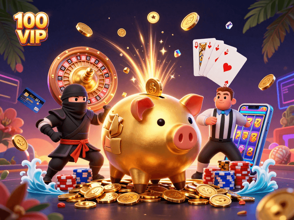 100 VIP casino features a sumo wrestler piggy bank amid golden coins and vibrant gambling elements.