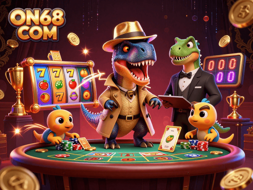 Experience gaming thrills with ON68 COM at a blackjack table amid vibrant 3D action.