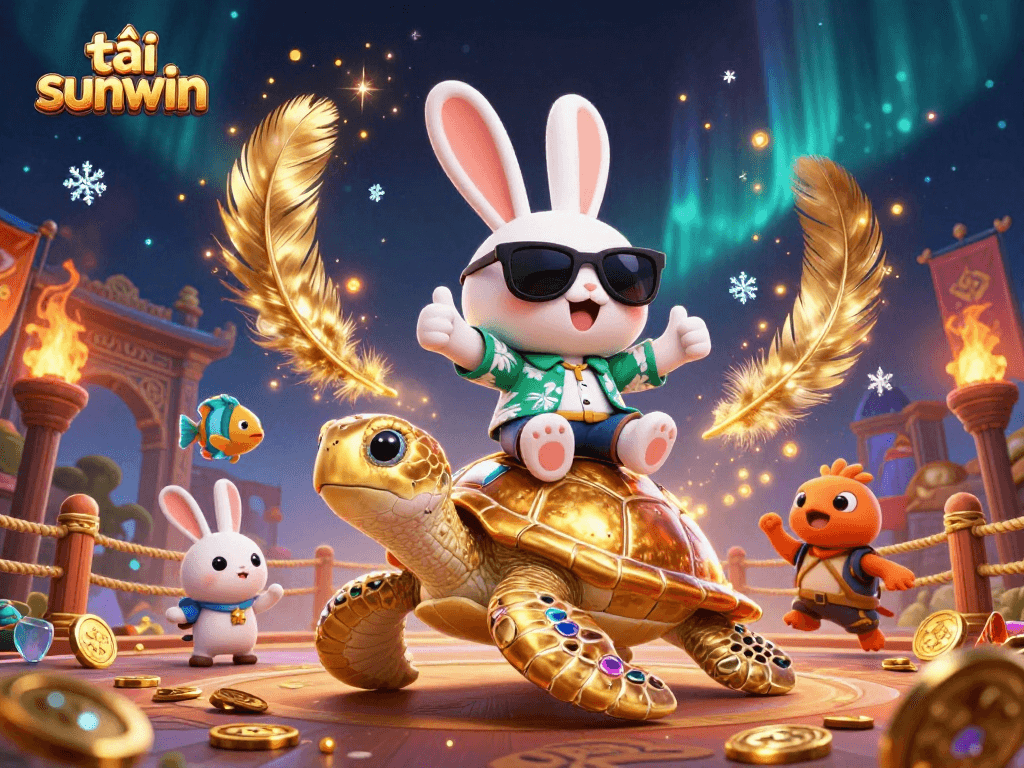 Play exciting games at tải sunwin with a lucky rabbit on a golden turtle in a vibrant casino scene.