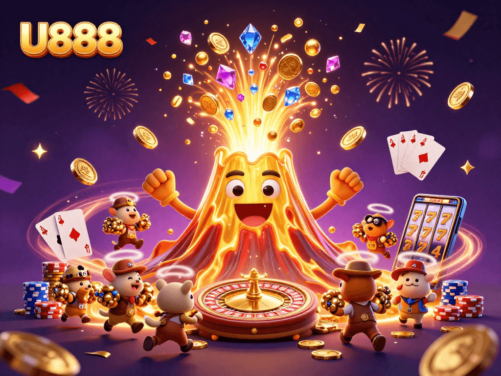 Experience U888's dynamic gaming adventure with vibrant treasures and casino elements.