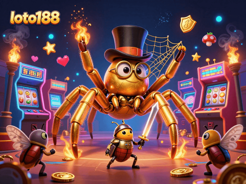 Engage with loto188 in a fantastical casino scene featuring a golden tarantula and a knight.
