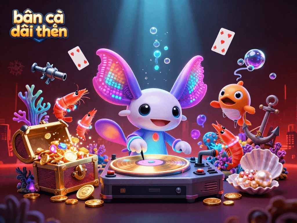 Win big with "bắn cá đổi thưởng" in this underwater casino adventure illustration featuring vibrant sea creatures.