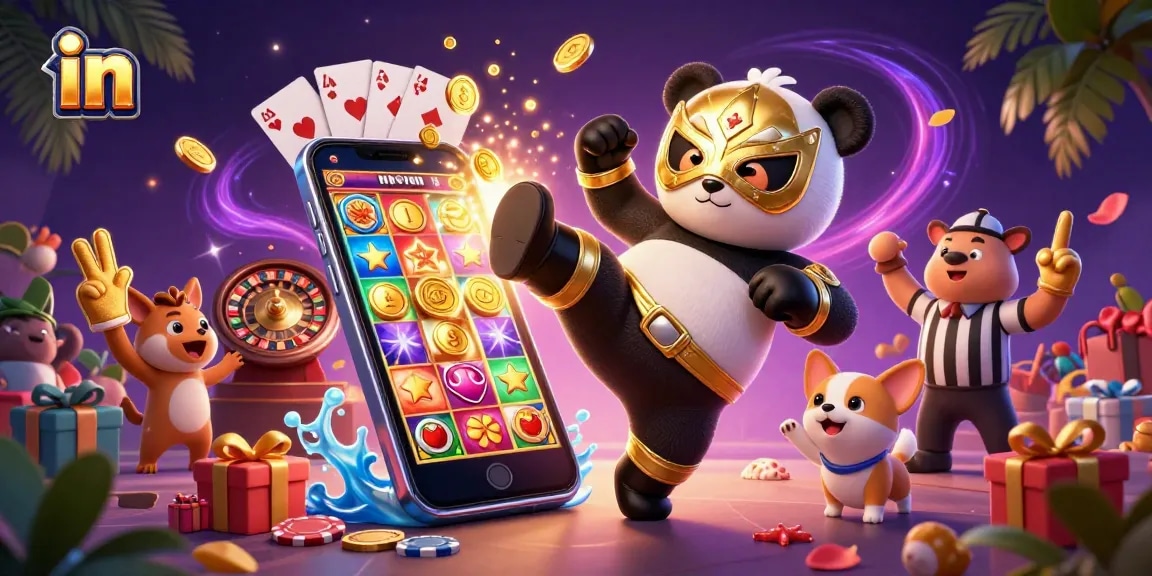 Experience thrilling casino action with a vibrant 3D panda wrestler and cheering animal crowd in dynamic illustration