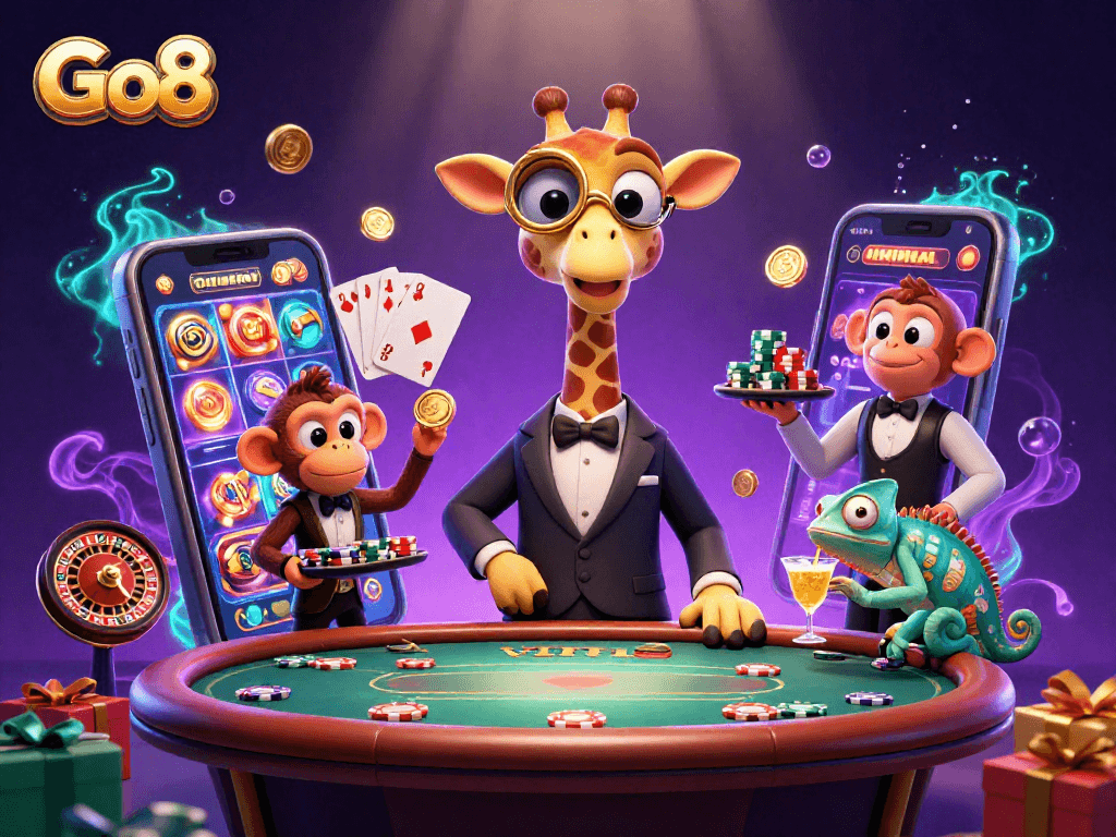 Go8 casino's high-roller giraffe on a vibrant poker scene mixing excitement with golden gaming elements.