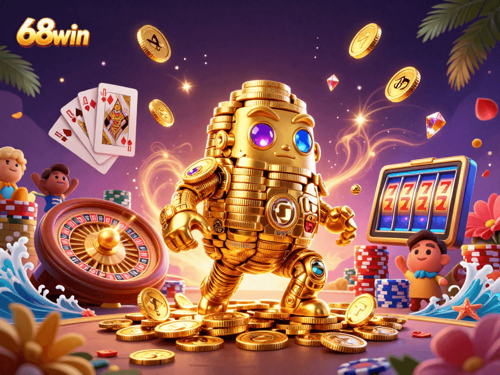 Experience winning at 68win with golden golems, slot machines, and casino excitement in a vibrant scene.