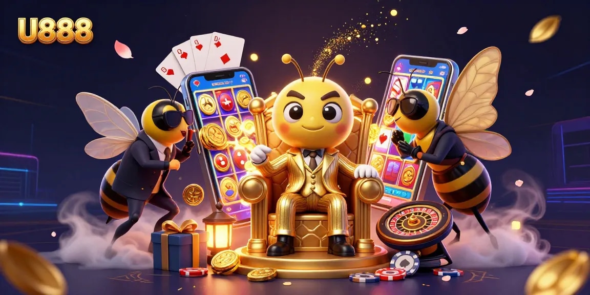 Experience the thrill of U888 with vibrant 3D characters and dynamic casino game elements in a richly detailed scene.