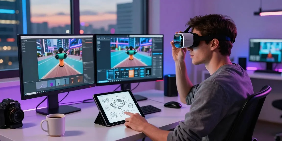 Developer testing AR glasses in a modern tech workspace with dual monitors and 3D modeling tools.