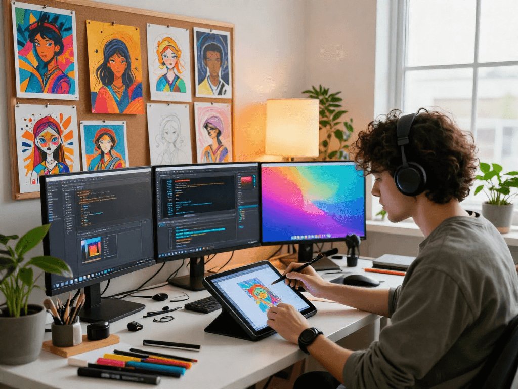 NSFW AI artist creating vibrant digital artwork in a modern studio
