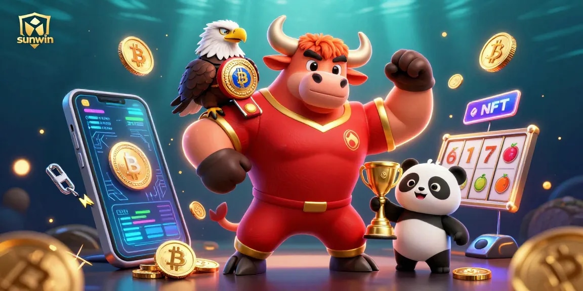 Win big with sunwin! Vibrant scene depicting a bull mascot and friends celebrating casino success.