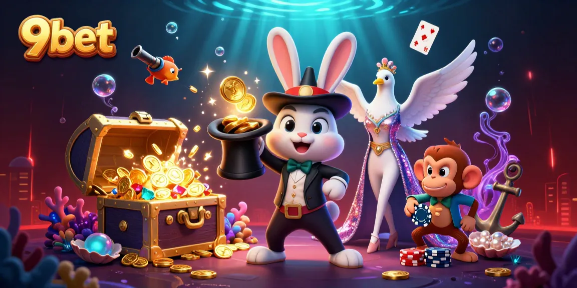 Engage with 9bet's magical online casino experience featuring gold coins, poker chips, and vibrant game elements.