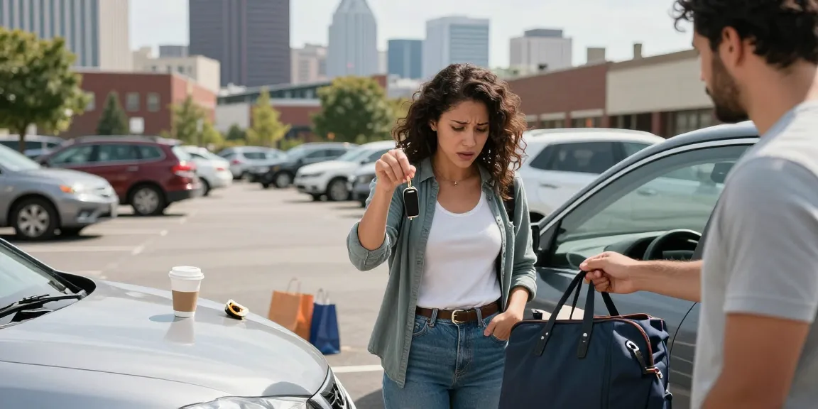 Lost Car Keys Raleigh situation with a woman searching her bag in a busy parking lot, capturing urban stress.