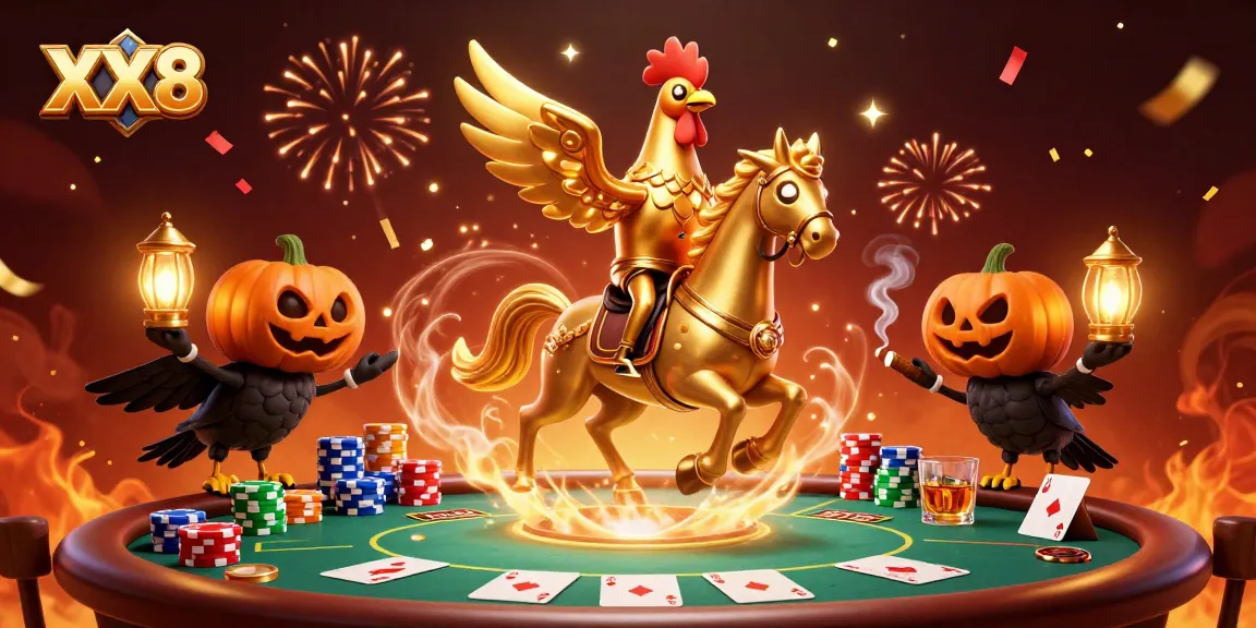Engage in thrilling casino excitement with the golden rooster of XX8 amidst vibrant poker elements.