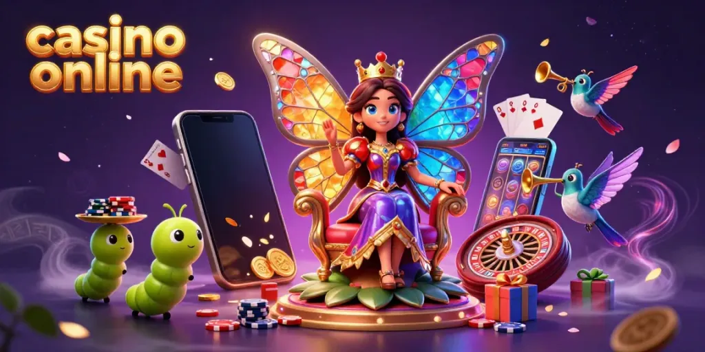 Engage in vibrant casino online excitement with a cartoon butterfly queen, colorful game elements, and dynamic gaming visuals.