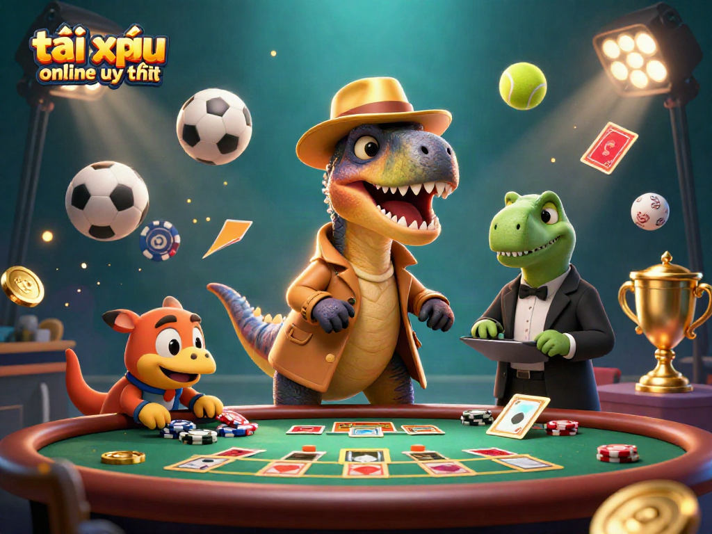 Engage in tài xỉu online uy tín with animated characters and vibrant casino elements.