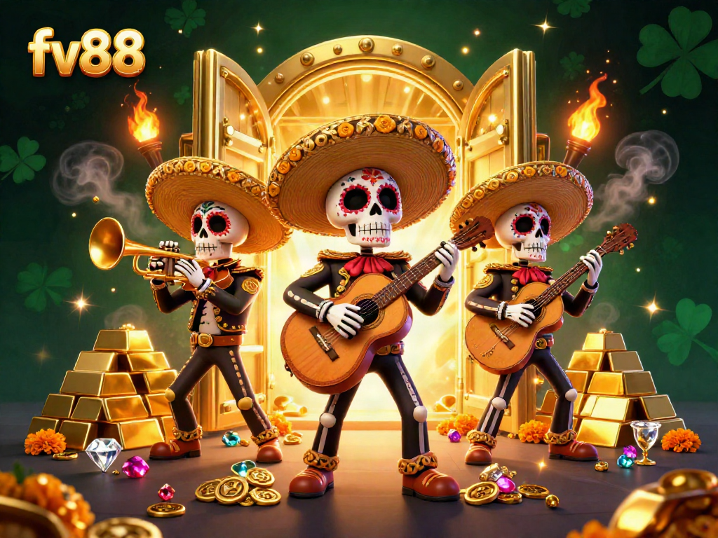 Experience thrilling gameplay at fv88, featuring festive Day of the Dead mariachi skeletons with glittering riches.